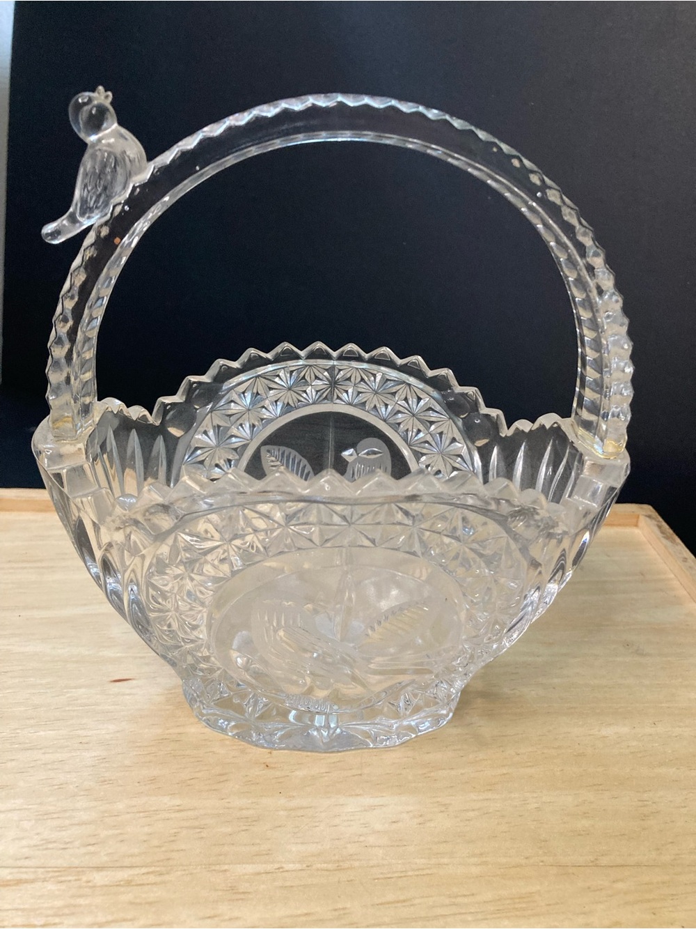 Vintage lead crystal handled basket from the Hofbauer Byrdes Collection.